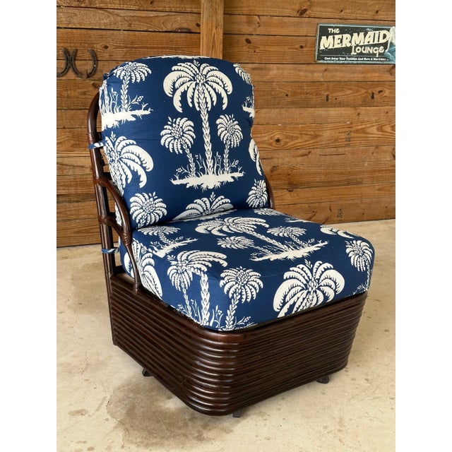 Vintage Braxton Culler Stacked Rattan Swivel Lounge Slipper Chair in Thibaut Fabric For Sale - Image 13 of 13