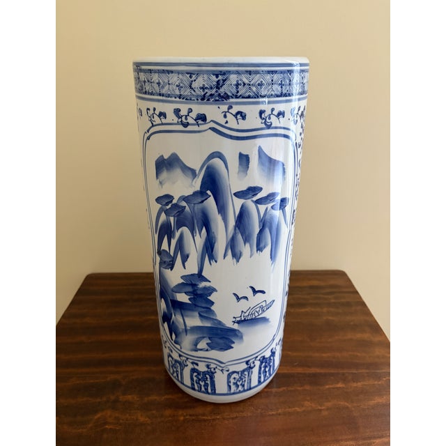 Late 20th Century Vintage Chinoiserie Blue and White Porcelain Umbrella Stand For Sale - Image 5 of 7