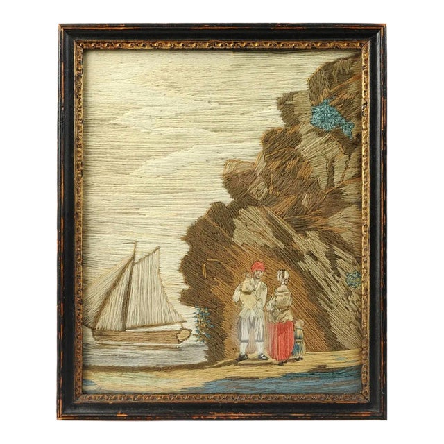 British Woolwork of a Family of Man, Wife and Child on the Seashore With Ship in Bay For Sale
