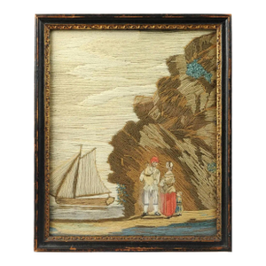 British Woolwork of a Family of Man, Wife and Child on the Seashore With Ship in Bay