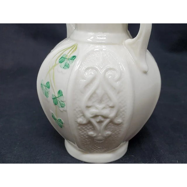 White Vintage Belleek Shamrock 8 Panel Vase With Handles 6" - 1955 - 1965 - Ireland For Sale - Image 8 of 14