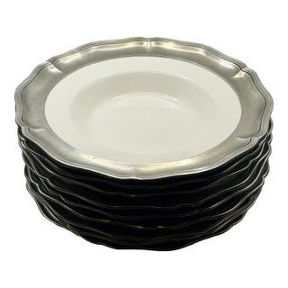 1990s Arte Italica Italian Ceramic Pasta Plates With Pewter Rim – Set of 9 For Sale