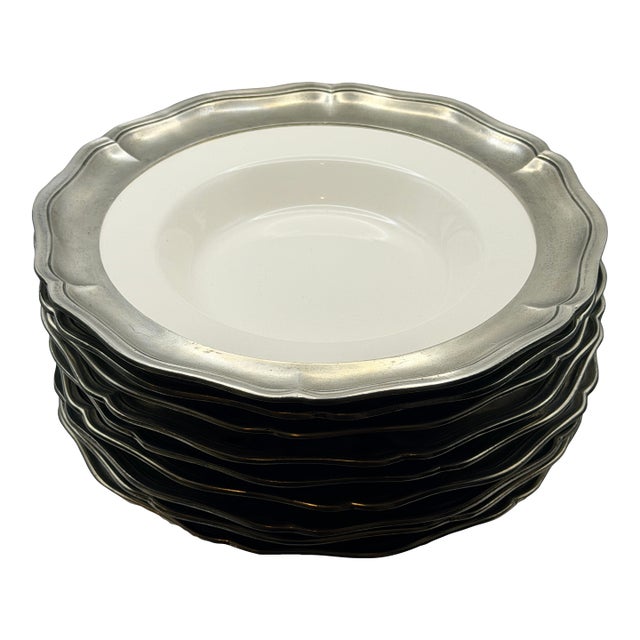 1990s Arte Italica Italian Ceramic Pasta Plates With Pewter Rim – Set of 9 For Sale