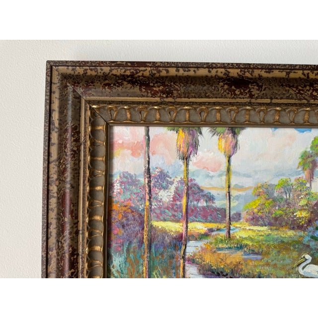 1990s Vintage Tropical Florida Highwaymen–Style Oil on Canvas Painting With Egret, Framed For Sale - Image 5 of 12