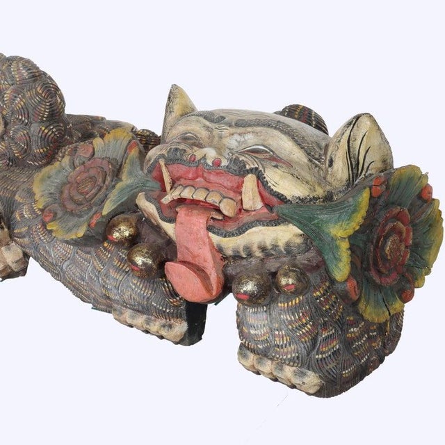20th Century Large Chinese Polychromed Carved Wood Foo Dogs - a Pair For Sale - Image 4 of 17
