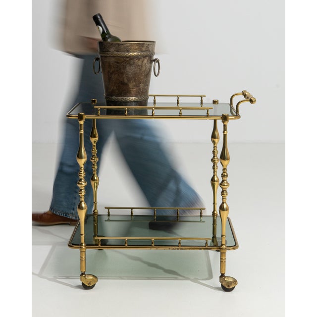 Hollywood Regency Brass Bar Cart on Wheels, France, 1960 Gold For Sale - Image 9 of 13