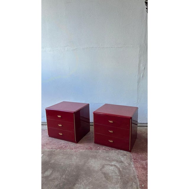 Wood Vintage French Red Lacquer Bedside Tables, 1979, Set of 2 For Sale - Image 7 of 8