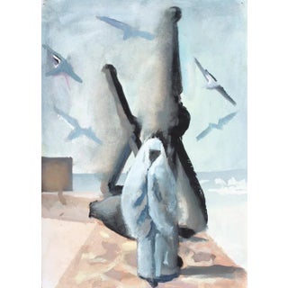 1950s Mid-Century, Gouache on Paper, Surrealist Image of Standing Figure Beside a Ship’s Anchor by Andre Delfau For Sale