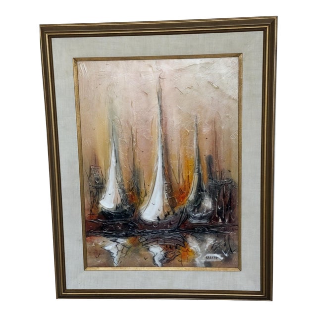 1973 Mid-Century Modern Danny Garcia Original Abstract Sailboat Harbor Acrylic Painting – Framed For Sale
