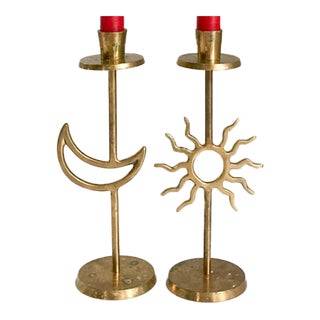 1980s Celestial Sun and Moon Brass Candlestick Holders- a Pair For Sale