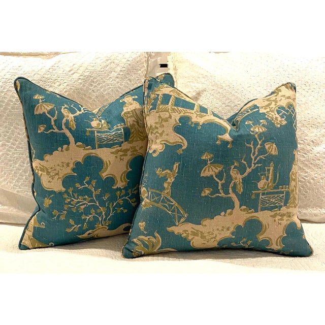 Pair of Custom Tailored No 9 Jim Thompson Linen Fabric Chinoiserie Style Decorative Pillows For Sale - Image 4 of 4