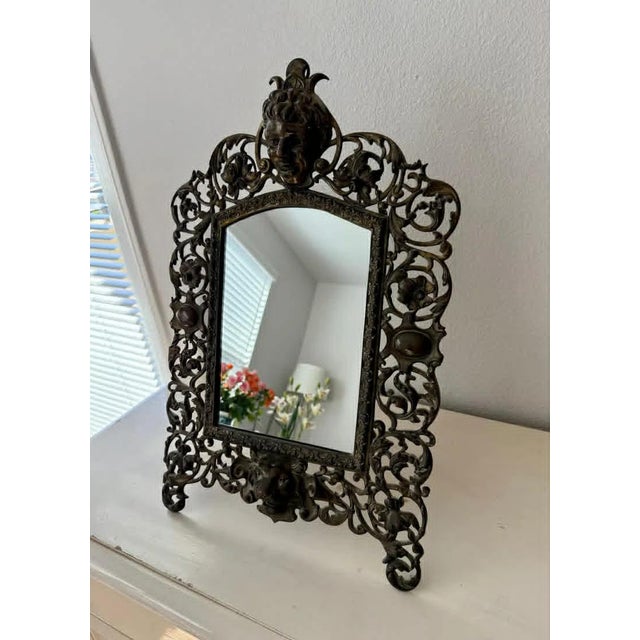 Antique Gilded Cast Iron Cherub and Lion Heads, Victorian French Style Ornate Vanity Table Mirror From Late 19th Century For Sale - Image 11 of 12