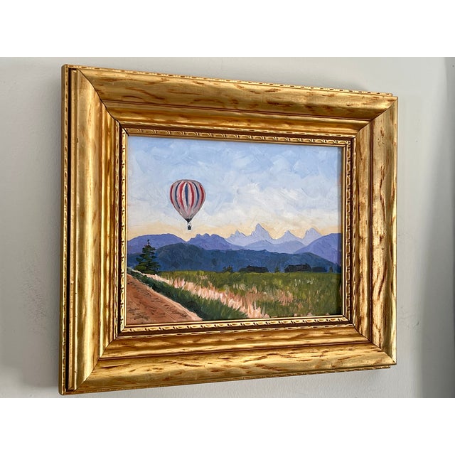 Textile Contemporary Oil on Canvas Landscape With Hot Air Balloon, Signed & Framed For Sale - Image 7 of 10