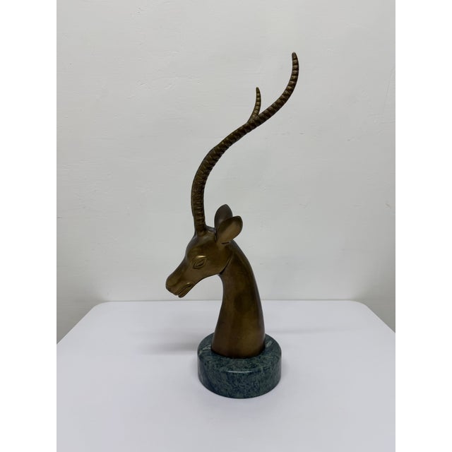 Mid-Century Modern Brass Gazelle Sculpture on Variegated Green Marble Base, 1970s For Sale - Image 3 of 18