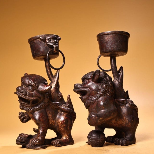Pair of Antique Chinese Gilt Bronze Foo Dog Candle Holders With Ring Handles For Sale - Image 4 of 10