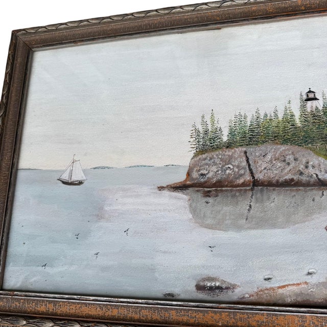 Vintage Maine Coastline Painting • Maritime Oil on Board • Lighthouse Seascape For Sale - Image 4 of 8