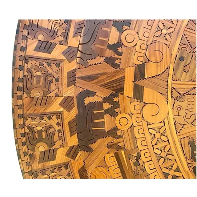 Mid Century Aztec Calendar Large Circular Inlaid Wood For Sale - Image 4 of 8