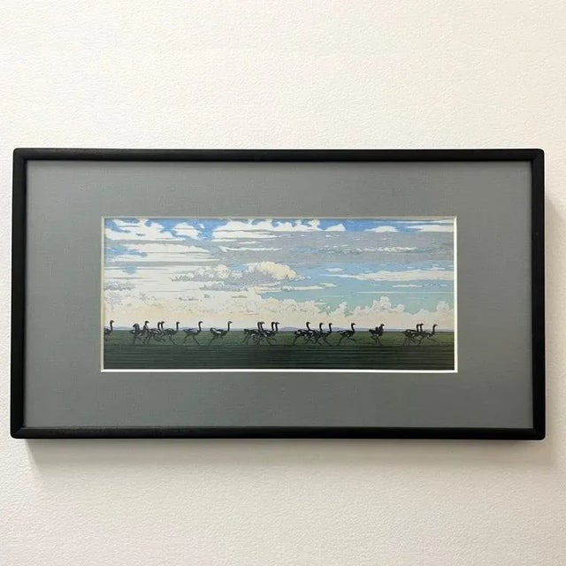 Blue "Running Ostrich" Japanese Woodblock Print by Yoshida Toshi Circa 1984 For Sale - Image 8 of 8