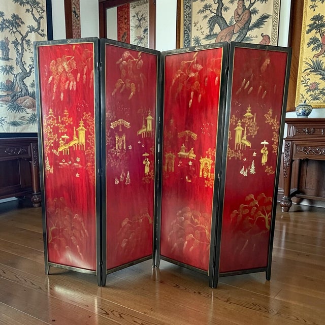 Mid Century Four-Panel Deep Red/Gold Chinoiserie Screen With Decorated Black Boarder For Sale - Image 9 of 18