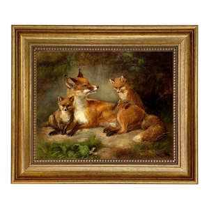 Family of Foxes Framed 8x10" Oil Painting Reproduction Print on Canvas in Antiqued Gold Frame