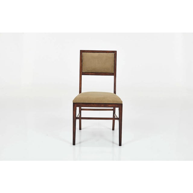 BRANCO + PRETO Set of eight dining chairs, ca. 1960 Jacaranda, fabric. Manufactured by Mahlmeister & Cia, Brazil. Each:...
