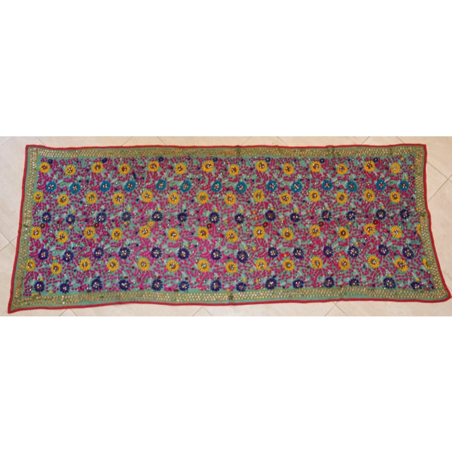 Vintage Suzani Embroidery in Teal Background with Yellow Pink Turquoise For Sale - Image 11 of 13