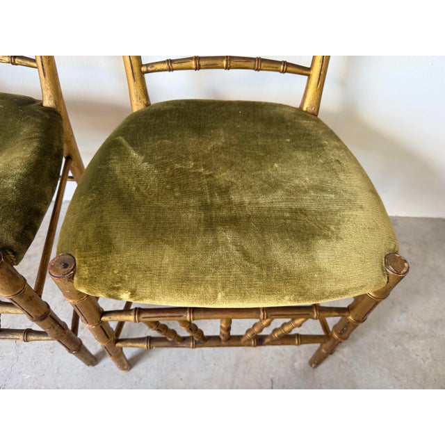 Antique Italian Faux Bamboo Gilt Wood Accent Chairs With Green Velvet Upholstery – A Pair Description: For Sale - Image 9 of 12