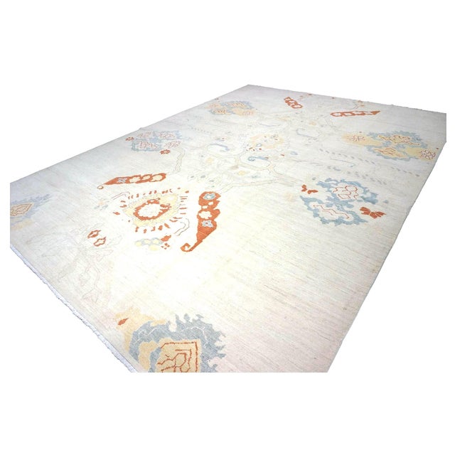 Early 21st Century 21st Century Turkish Oushak Wool 10x14 Ivory, Orange & Slate Blue Handmade Area Rug #1144178 For Sale - Image 5 of 7