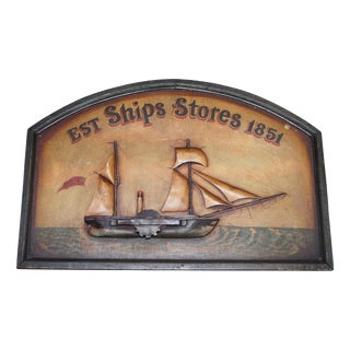 Hand Painted Est Ships Stores 1851 Pub Sign in Wood, 1960s For Sale
