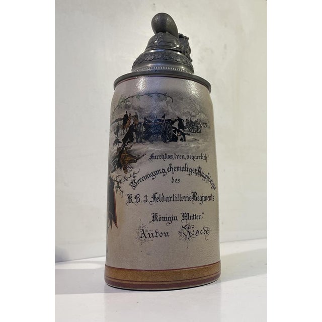 Münich Bier Stein with Hand-Painted Military Scene, 1920s For Sale - Image 3 of 11