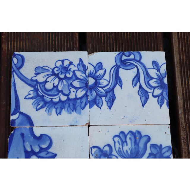Baroque Tile Mural Panel Depicting a Vase With Rocaille Flowers, Portuguese, 18th Century For Sale - Image 3 of 7