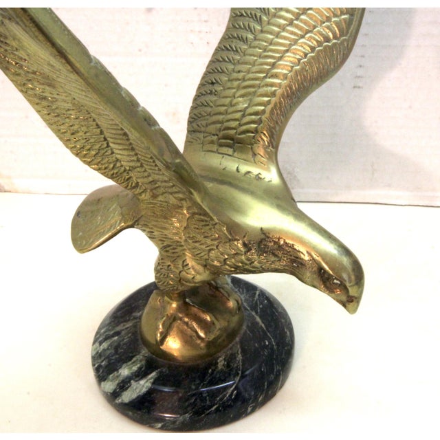 Vintage Cast Brass Eagle With Spanned Wings in Flight – Round Marble Base For Sale - Image 12 of 16