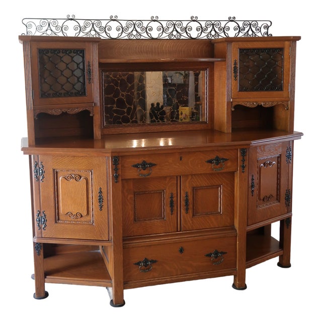 Antique Oak Sideboard Buffet With Leaded Glass Cabinets & Mirror For Sale