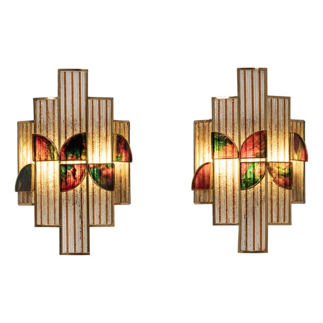 Colored Glass and Brass Wall Lamp attributed to Albano Poli, Italy, 1960s, Set of 2 For Sale