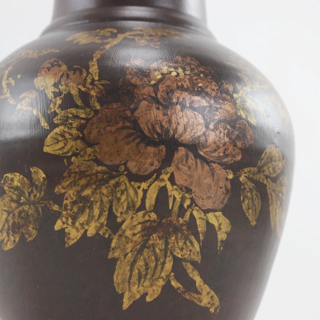 Vintage Vintage Vase Table Lamp With Painted Peonies on Dark Background For Sale - Image 4 of 8
