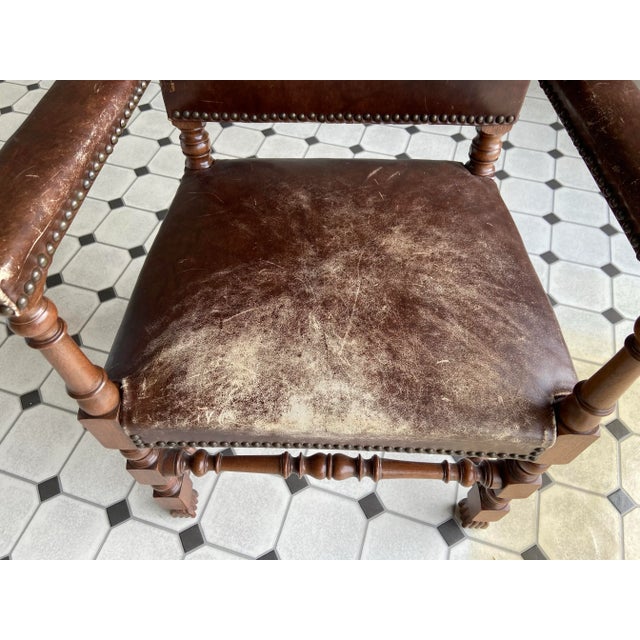 Antique High Back Carved Wood Leather Chair For Sale - Image 9 of 12