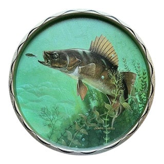 Vintage Round Metal Green Serving Tray With Fish Motif James L Artig For Sale