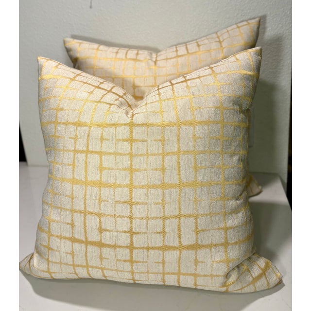 Gold and White Abstract Checked Decorative Pillows- A Pair For Sale In Palm Springs - Image 6 of 6