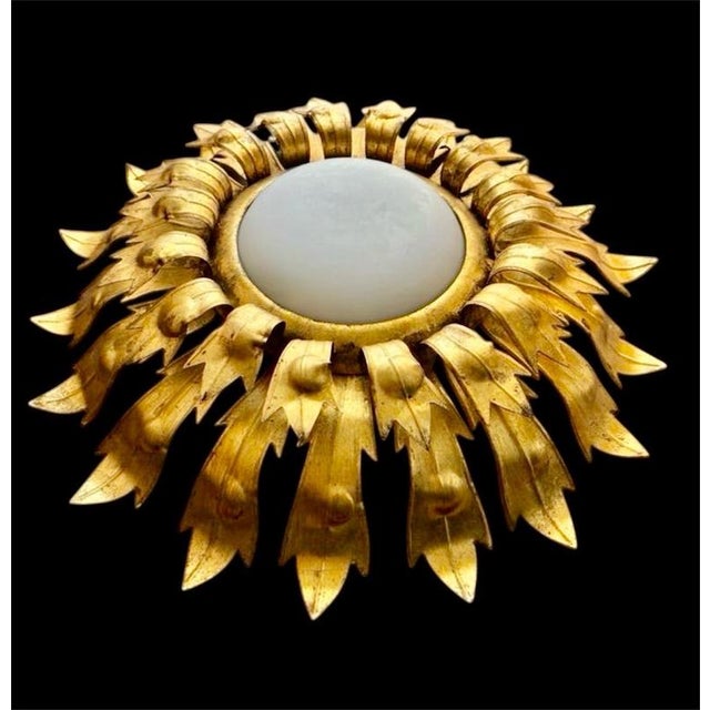 Large Spanish Gilt Crown Flush Mount with Round Curve Glass Shade, 1950 For Sale - Image 3 of 8