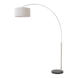 1960s Scallop 92" Arc Floor Lamp - Satin Nickel Steel, Black Marble Base, White Linen Shade, Modern Style For Sale