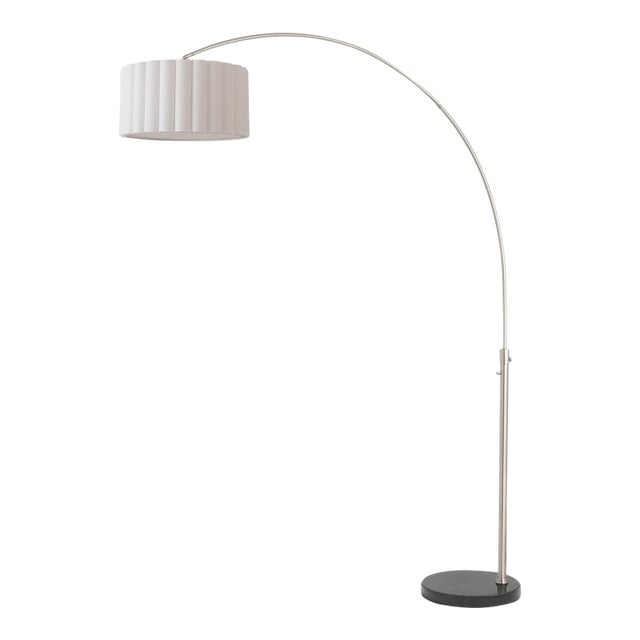 1960s Scallop 92" Arc Floor Lamp - Satin Nickel Steel, Black Marble Base, White Linen Shade, Modern Style For Sale