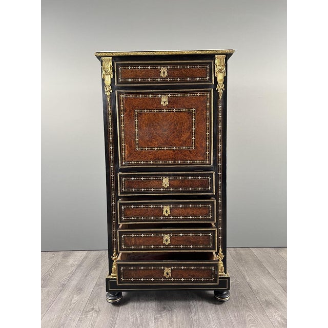 Black Antique 19th Century Napoleon III Secretary in Marquetry and Gilt Bronze For Sale - Image 8 of 13
