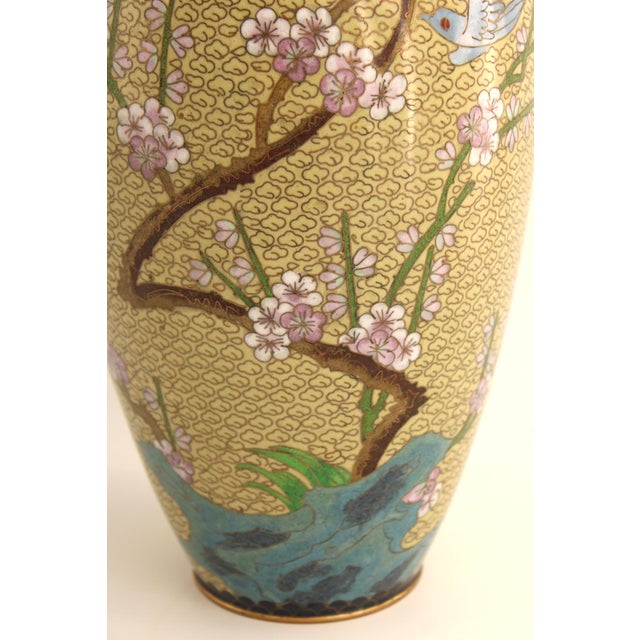 Asian Antique VTG Large Chinese Cloisonne Enamel Baluster Vase Yellow Cloud Scroll Ground, 12” For Sale - Image 3 of 7