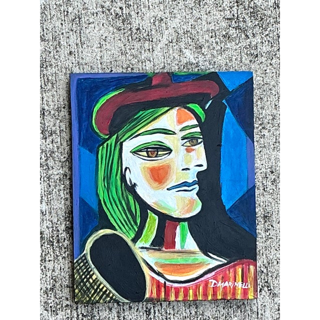 Wood Vintage Cubist Original Oil Portrait on Board For Sale - Image 7 of 12