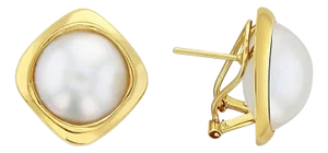Round Mabe Pearl Omega Clip On Earrings with Square Gold Polished setting 14k Yellow Gold, 2 Pieces