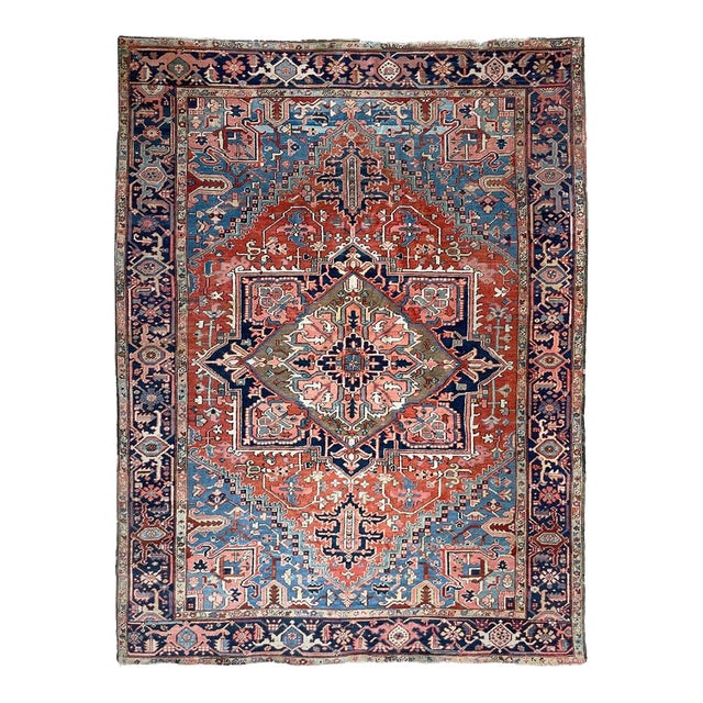WALNUT MEDALLION Antique Heriz River Blues Rug 9 x 12 For Sale