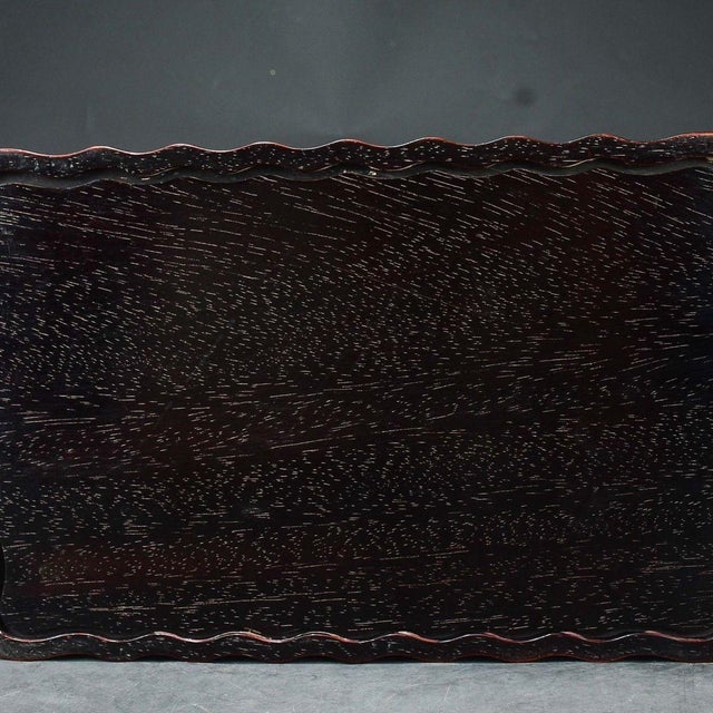 Brown Scalloped Wooden Tray With Mother-of-Pearl Deer and Crane Inlay For Sale - Image 8 of 8