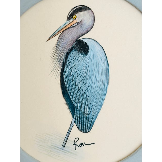 American Original Hand Painted Blue Heron Painting in a Hand-Painted Vintage Frame For Sale - Image 3 of 3