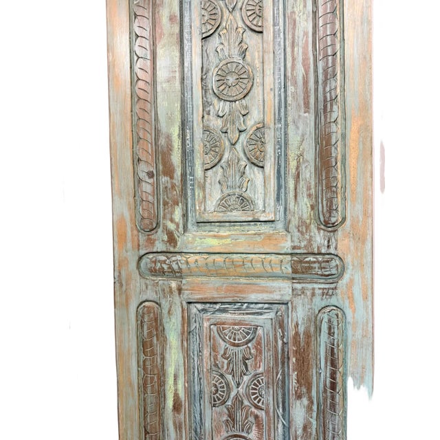Vintage Hand-Carved Wooden Sliding Barn Door – Distressed Green Hues Rustic Interior Door Panel 96x30 For Sale - Image 4 of 6