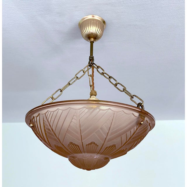 Art Deco French Pink Glass Pendant Light, 1930s For Sale - Image 6 of 18